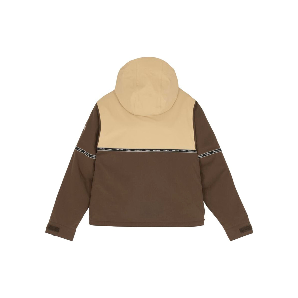 Bruine en beige kleurblok jas met capuchon en contrasterende stiksels, achterkant