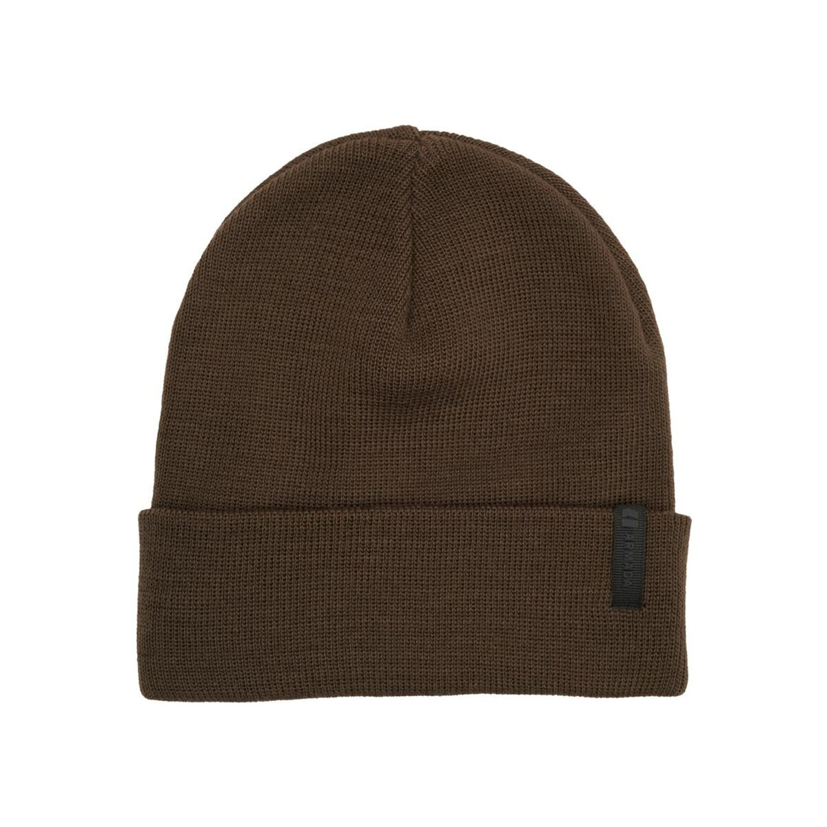 Bruine gebreide muts met omgeslagen rand en label, winterbeanie voor heren en dames
