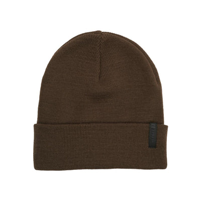 Bruine gebreide muts met omgeslagen rand en label, winterbeanie voor heren en dames