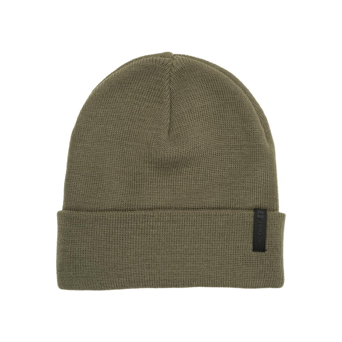 Olijfgroene gebreide muts met opgerolde rand en zwart label, winter beanie