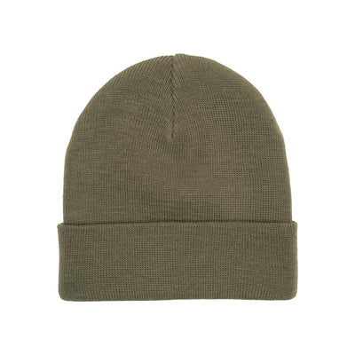 Olijfgroene gebreide muts met omslag, klassieke beanie in ribbelsteek
