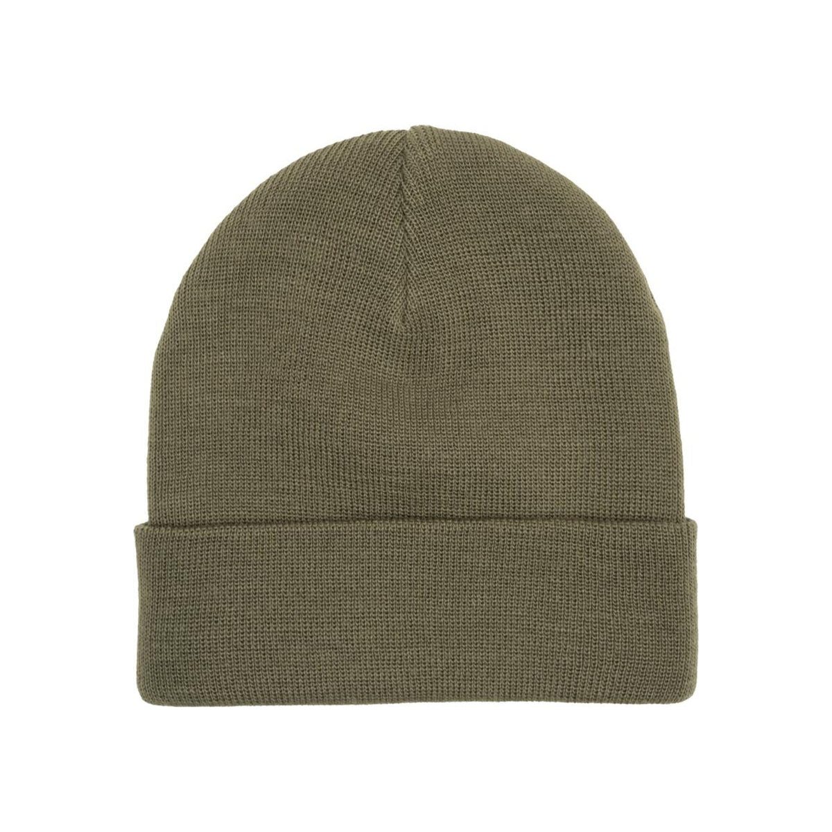 Olijfgroene gebreide muts met omslag, klassieke beanie in ribbelsteek