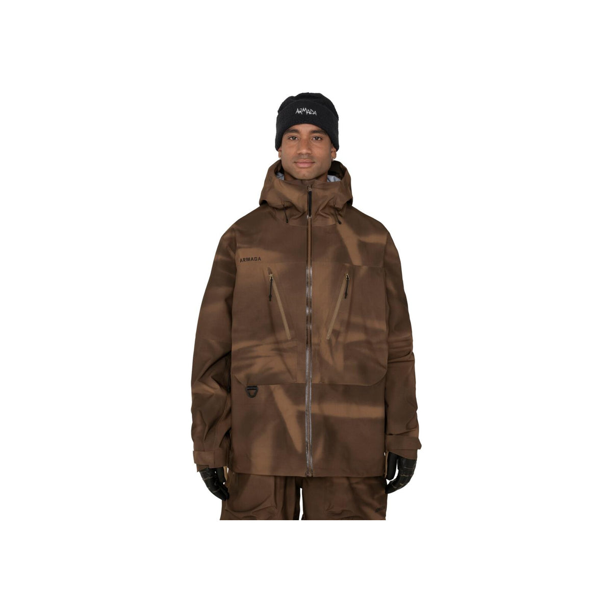 Bruine ski-jas met capuchon voor heren, waterafstotend, outdoor winterjas met ritssluiting