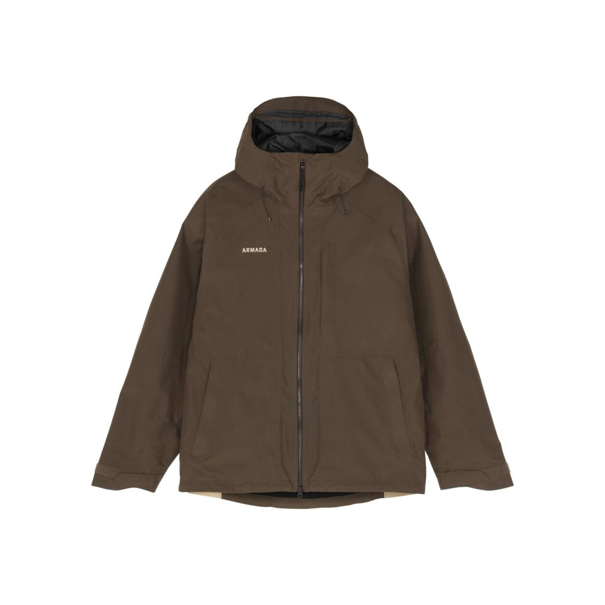 Bruine waterdichte winterjas met capuchon en ritssluiting voor heren outdoor activiteiten