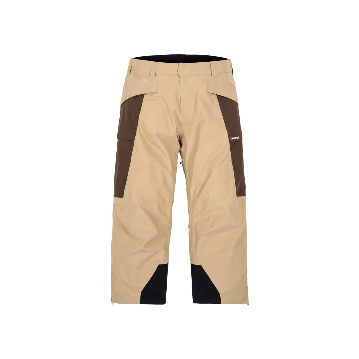 Beige ski- en snowboardbroek met bruine zijpanelen, voorzijde afgebeeld op witte achtergrond