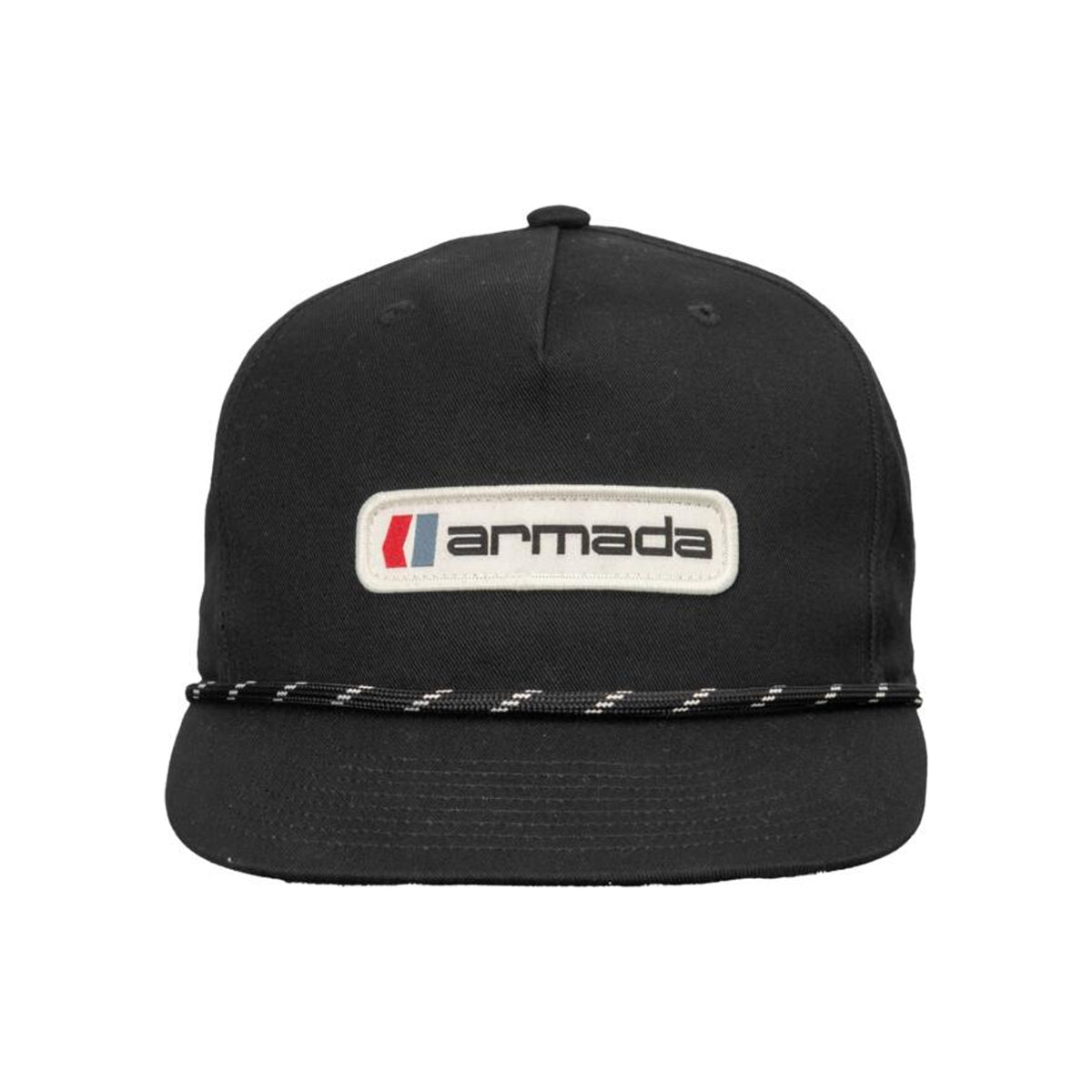 Armada zwarte snapback pet met logo patch en gevlochten touw detail op de klep