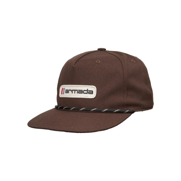 Armada bruin snapback pet met logo patch en gevlochten detail op de klep