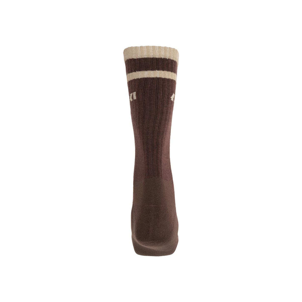 Bruine sportsok met beige strepen en logo, achterkant weergave