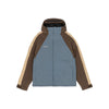 Blauwe outdoorjas met bruine en beige kleurblokken en capuchon voor heren