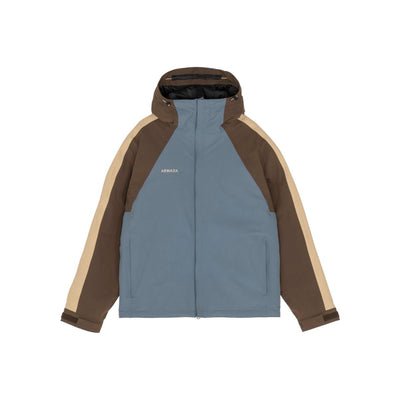 Blauwe outdoorjas met bruine en beige kleurblokken en capuchon voor heren