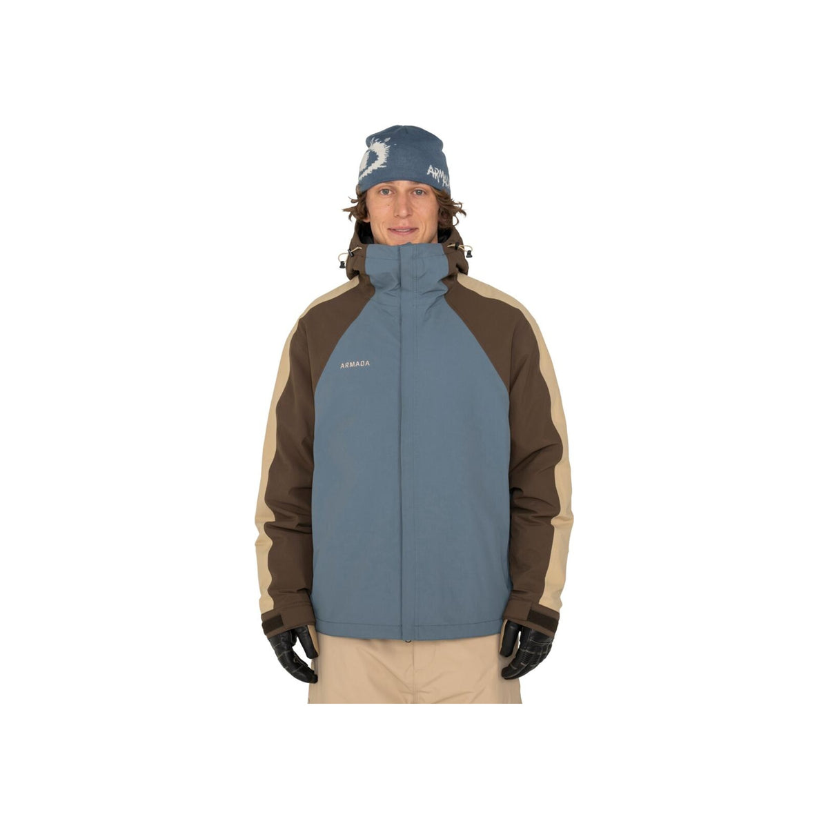 Armada heren ski-jas in blauw, bruin en beige kleurblok design met hoge kraag