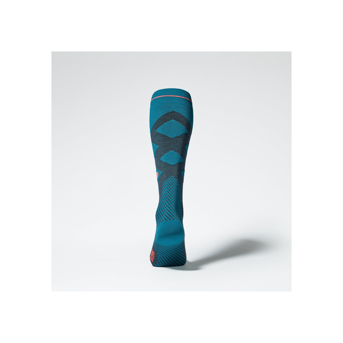 Blauwe compressiekousen met anatomisch patroon en grijze accenten, achterkant weergave