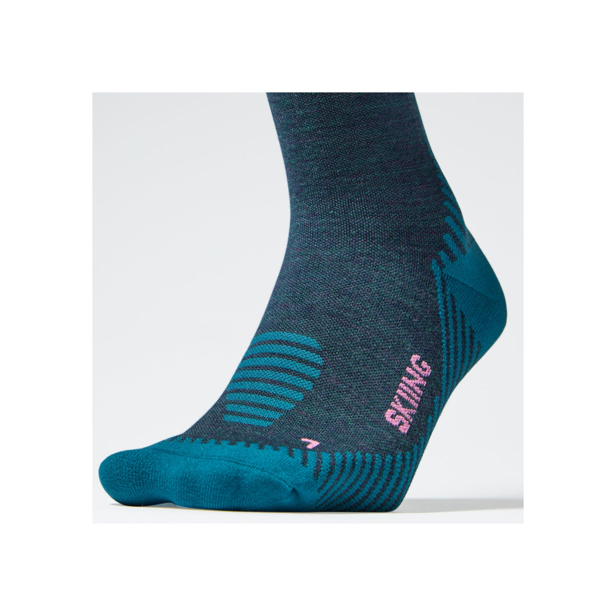 Donkerblauwe hardloopsok met turquoise teen en hiel, anatomische pasvorm en geventileerde zones