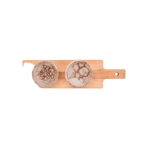 Bowls and Dishes Espuma 2 Terracotta Schaaltjes 11cm op Houten Plank 46cm