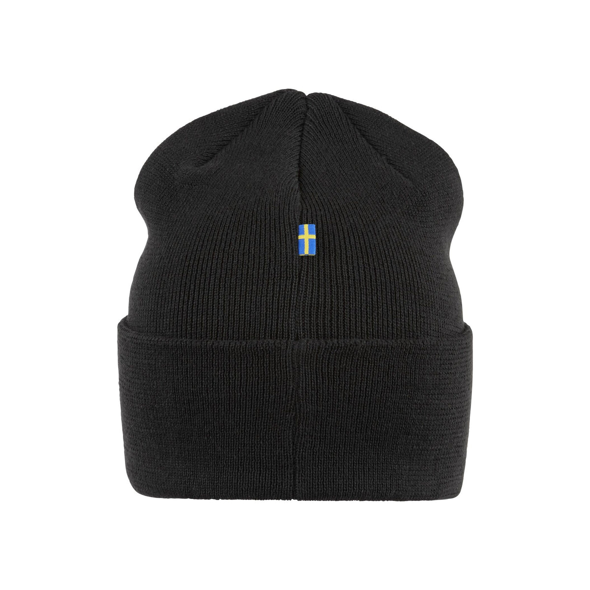 Zwarte gebreide muts met omgeslagen rand en blauw logo label