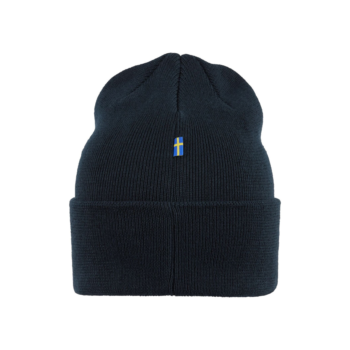 Zwarte gebreide muts met blauwe label patch - warme winterbeanie