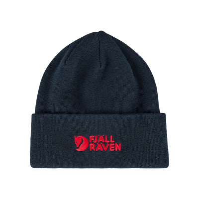 Fjällräven donkerblauwe gebreide muts met omgeslagen rand en rood logo