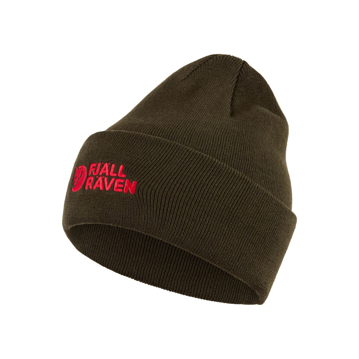 Fjällräven klassieke beanie muts in olijfgroen met rood logo - warme gebreide wintermuts