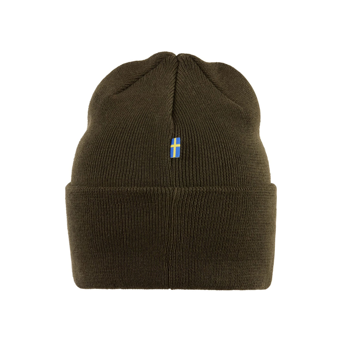 Olijfgroene gebreide muts met opgerolde rand en klein blauw logo label