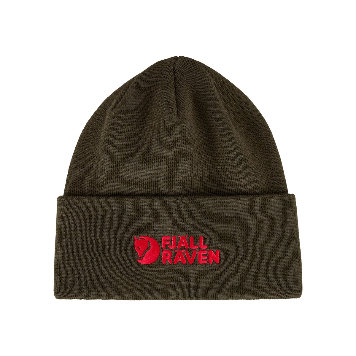 Fjällräven beanie muts in donkergroen met rood logo, opgerolde rand, gebreide wintermuts