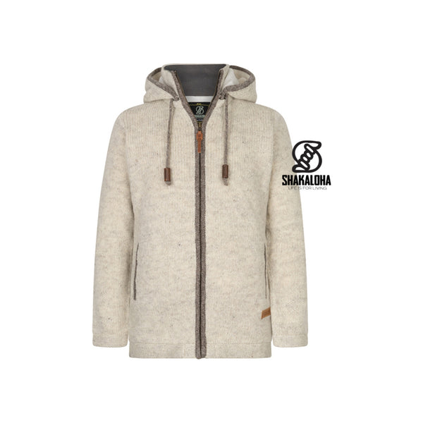 Shakaloha beige gebreide wollen vest met capuchon en rits, unisex outdoorjas met logo