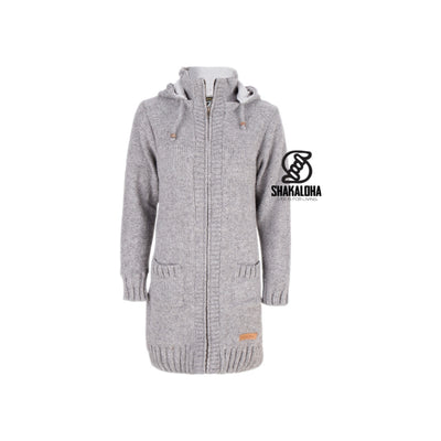 Shakaloha grijze gebreide dames vest met capuchon en rits - lange wollen cardigan winterjas