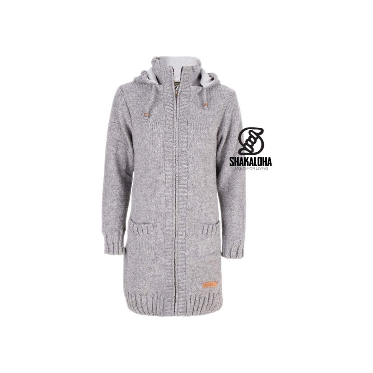 Shakaloha grijze gebreide dames vest met capuchon en rits - lange wollen cardigan winterjas