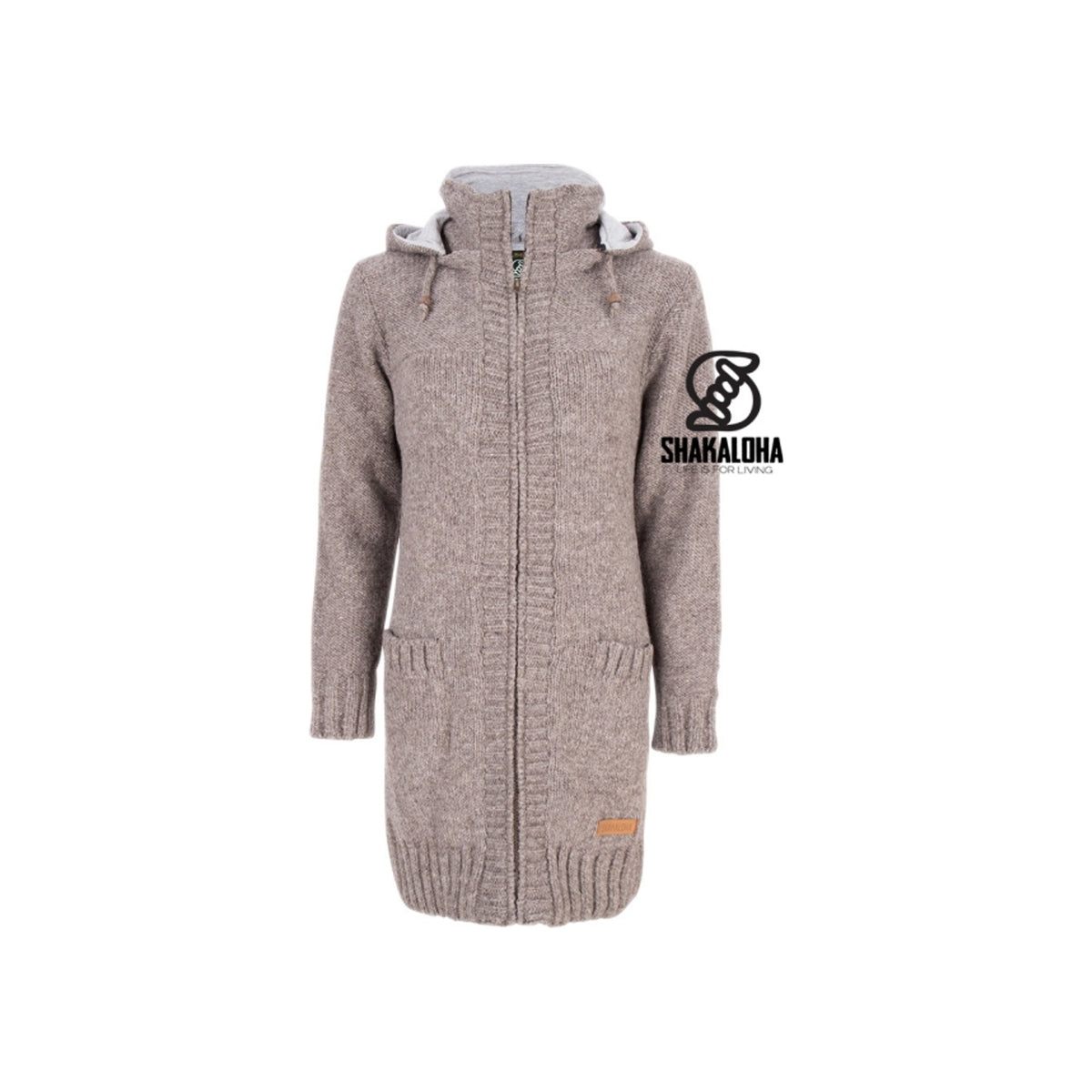 Shakaloha beige dames gebreide wollen vest met capuchon en rits - lang warm winterjack