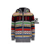 Shakaloha gebreid wollen vest met capuchon en rits, kleurrijk Noors patroon in grijs, rood, geel en blauw