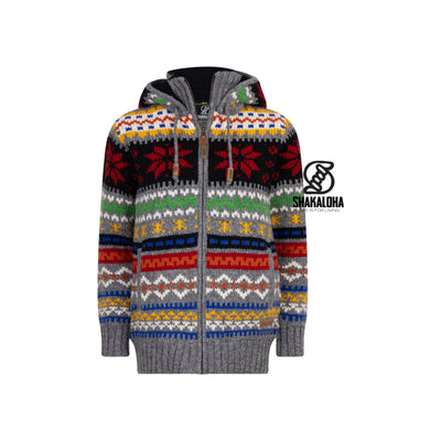 Shakaloha gebreid wollen vest met capuchon en rits, kleurrijk Noors patroon in grijs, rood, geel en blauw