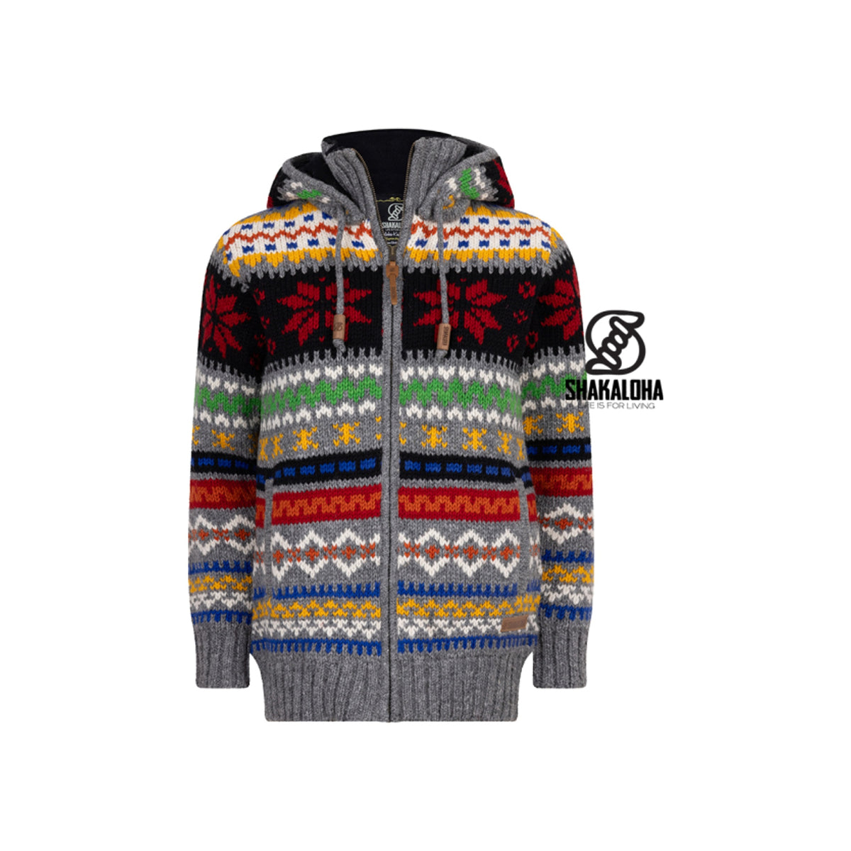 Shakaloha gebreid wollen vest met capuchon en rits, kleurrijk Noors patroon in grijs, rood, geel en blauw