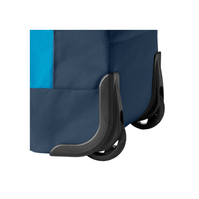 Close-up van blauwe koffer wielen en handvat onderkant, robuuste rollers voor soepel transport