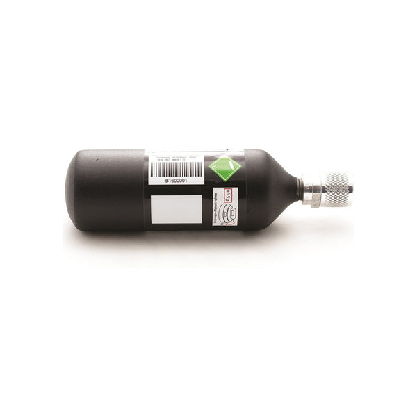 Paintball CO2 cilinder fles 88g met pin valve aansluiting op witte achtergrond