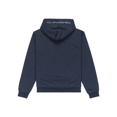 Donkerblauwe hoodie met capuchon en logomerk, achterkant view - comfortabele trui met kenguruzak