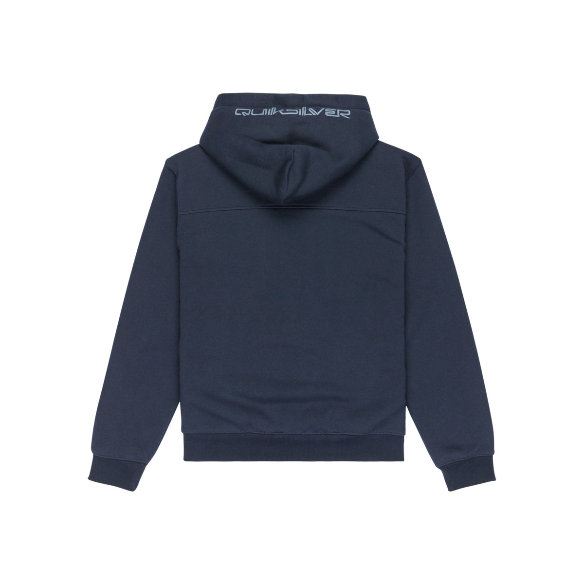 Donkerblauwe hoodie met capuchon en logomerk, achterkant view - comfortabele trui met kenguruzak