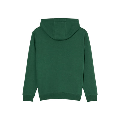 Donkergroene hoodie met capuchon, achterkant weergegeven, basic sweatshirt voor heren en dames