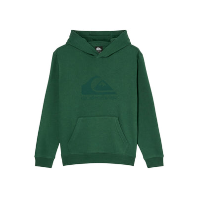 Donkergroene hoodie met capuchon en kenmerkende embleemprint op de voorkant en kenmerkende zak