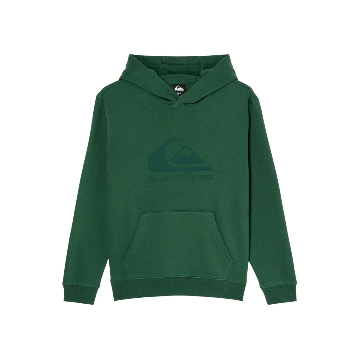 Donkergroene hoodie met capuchon en kenmerkende embleemprint op de voorkant en kenmerkende zak