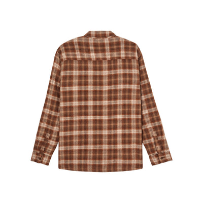 Geruit overhemd in bruin en beige met lange mouwen, achterzijde getoond op witte achtergrond