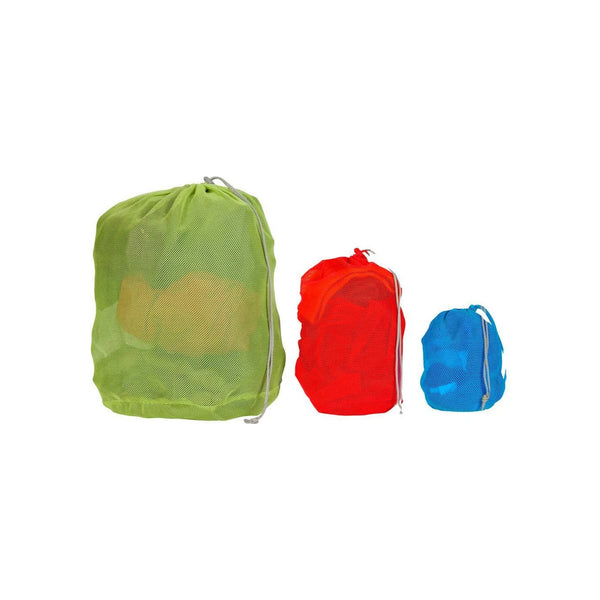 Set van drie gekleurde mesh opbergzakken met trekkoord - groen, rood en blauw - wasbare nettas voor reizen