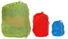 Set van drie gekleurde mesh opbergzakken met trekkoord - groen, rood en blauw - wasbare nettas voor reizen