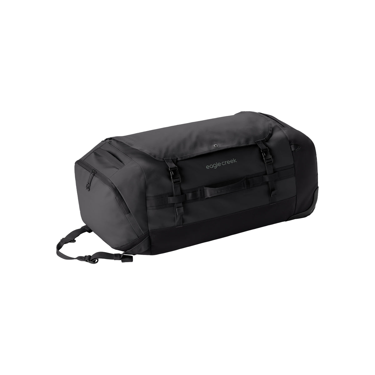 Zwarte waterdichte duffel bag met draaghandvatten en verstelbare schouderbanden